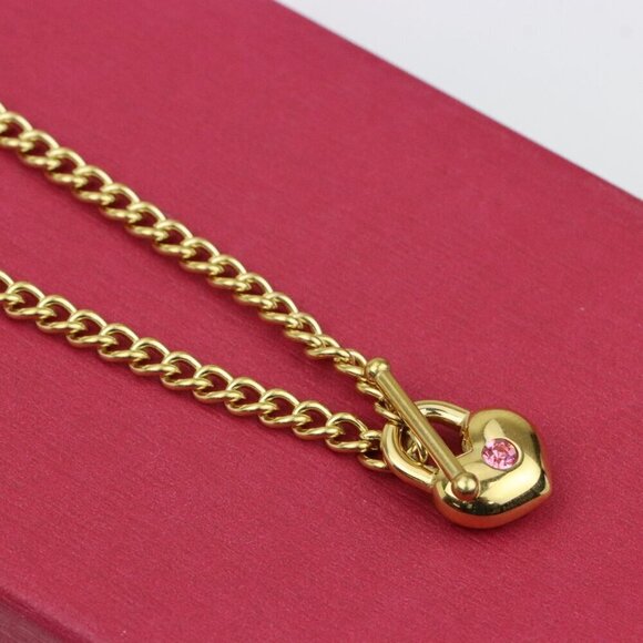 Chunky Gold Chain Necklace with Heart Pendant and Pink Stone, XPNL0372 - Picture 8 of 13